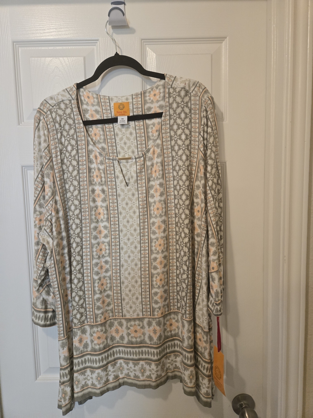 Ruby Rd. Cream, Olive & Peach Patterned Boho Blouse - Picture 7 of 9